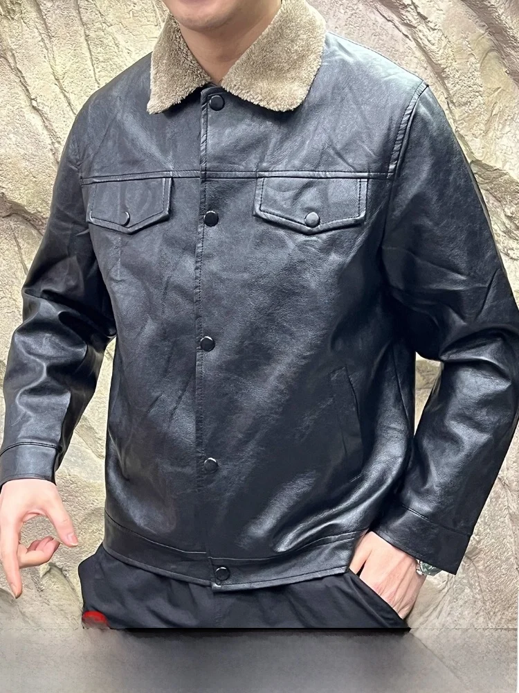 

American Sle Soft Waed PU Leather Thiened Winter Jaet Men's Retro Casual Fce Lined Warm Motorcycle Jaet Coat