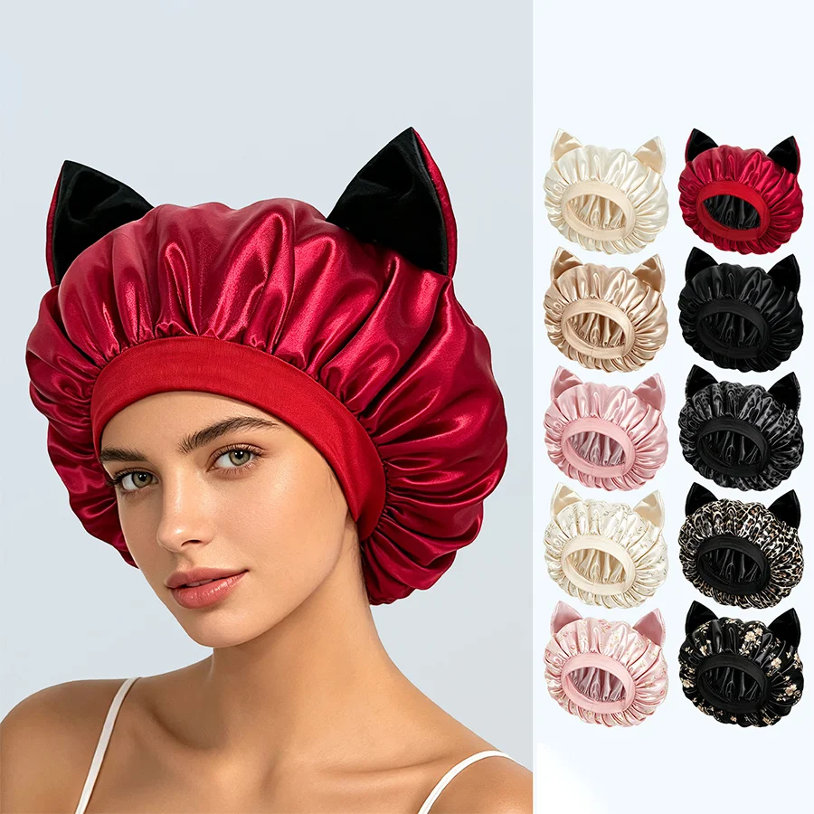 Satin Sleep Bonnet for Women with Cat Ears, Cute Night Cap for Curly Hair, Anti-Frizz Hair Protector, Curl Definition Hat