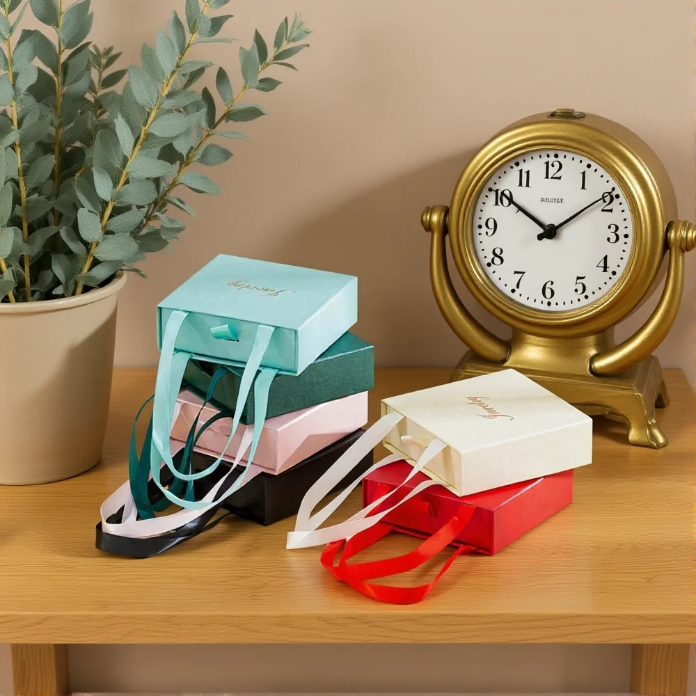 

Custom Logo Necklace Earrings Drawer Cardboard Box Bulk Black Beige Jewelry Packaging Box with Ribbon Wedding Gift Rings Case