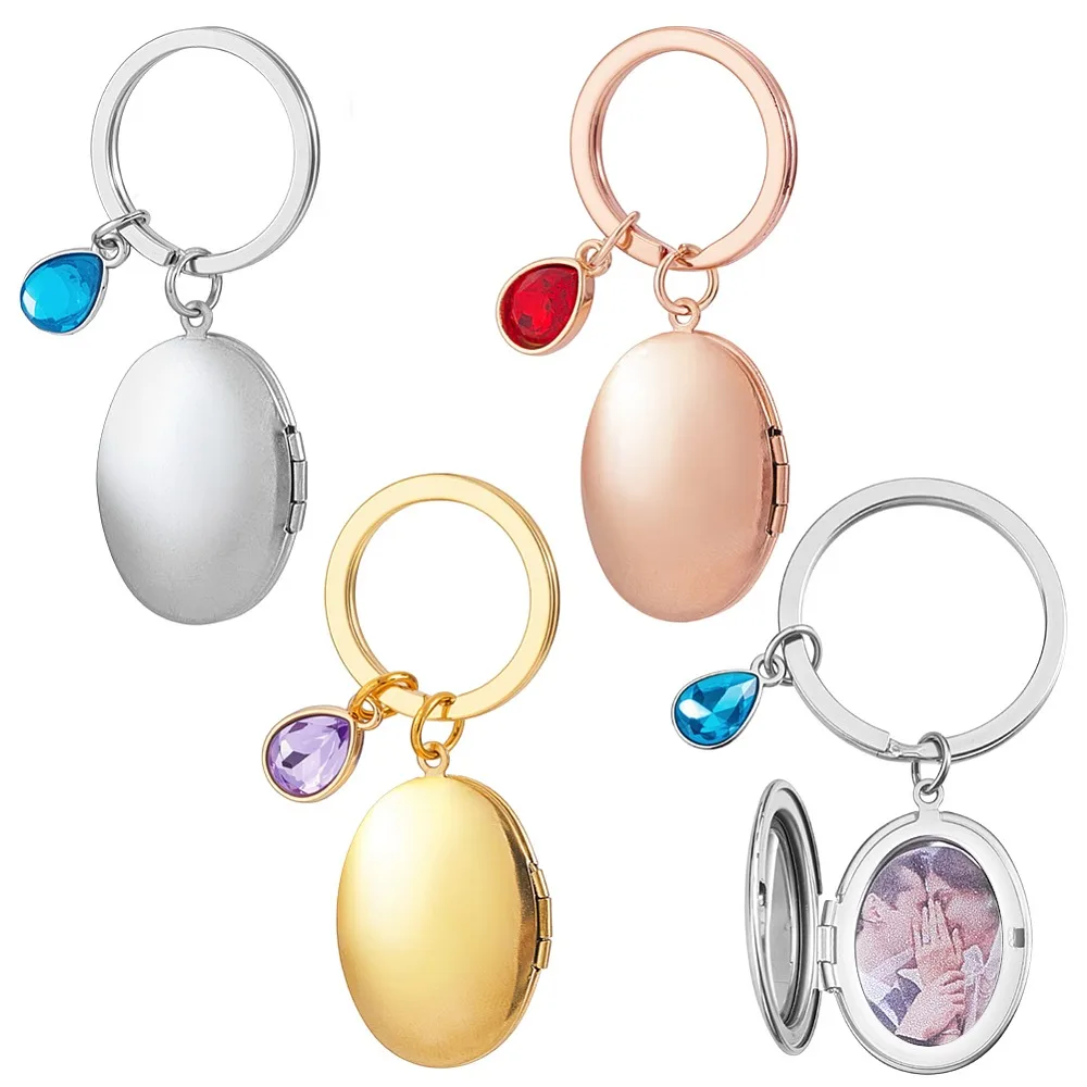 

3Pcs Stainless Steel Locket Pendants with Alloy Rhinestone Oval Keychains with Alloy Rings Mixed Color 67mm