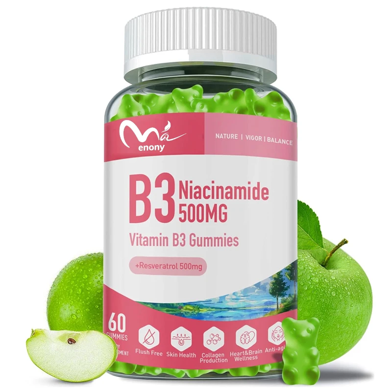 Caramelo gomoso de niacinamida de 500 mg, suplemento de vitamina B3, que contiene 500 mg de resveratrol, antioxidante, apoyo inmunológico, sabor a manzana