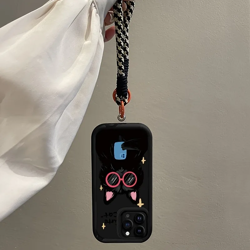 Schwarze Handyhülle mit coolem Katzenmuster und Tragegurt für iPhone 15 16 17 Pro Max 14 13 12 11 Pro XS Plus, stoßfest, matt, aus Silikon. – Detail 3