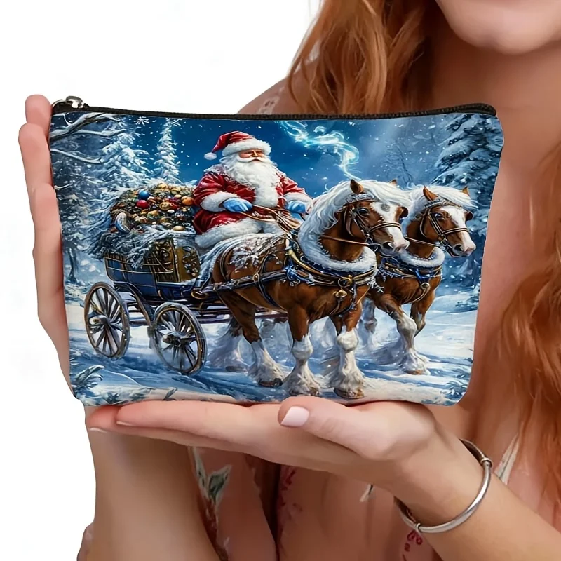 Christmas Santa Horse Carriage Cosmetic Bag Zipper Makeup Pouch Portable Storage Purse Xmas Holiday Gift for Women