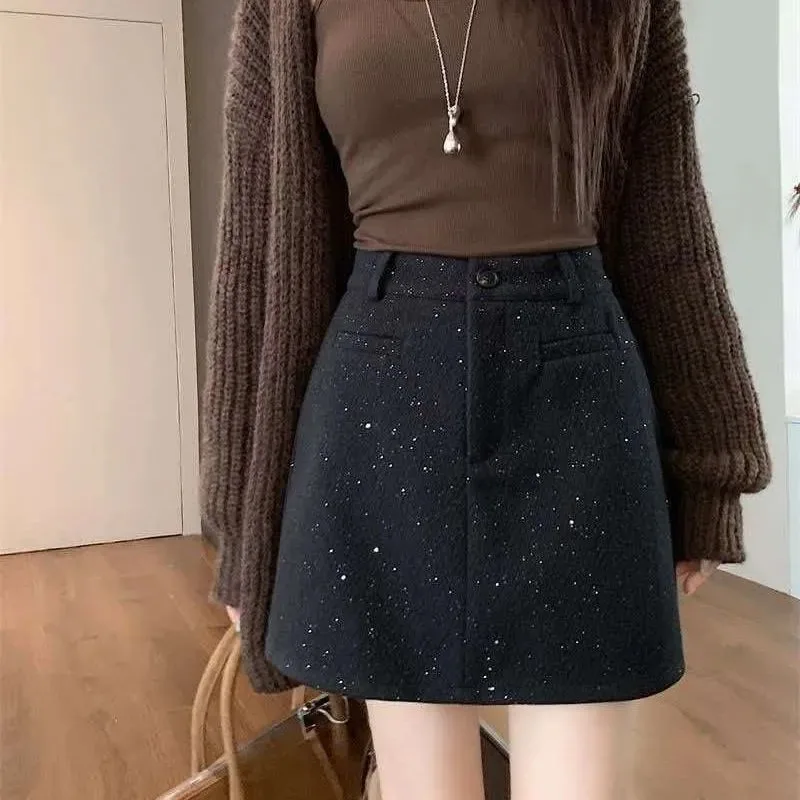 Women High Waist Glitter Woolen Mini Skirt Autumn Winter Elegant A Line Slim Casual Short Skirt