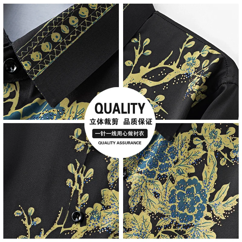 Luxury Rhinestone Long Sleeved Shirt for Men Non Ironing Casual Business Dress Shirt High End Social Banquet Star Stage Shirts