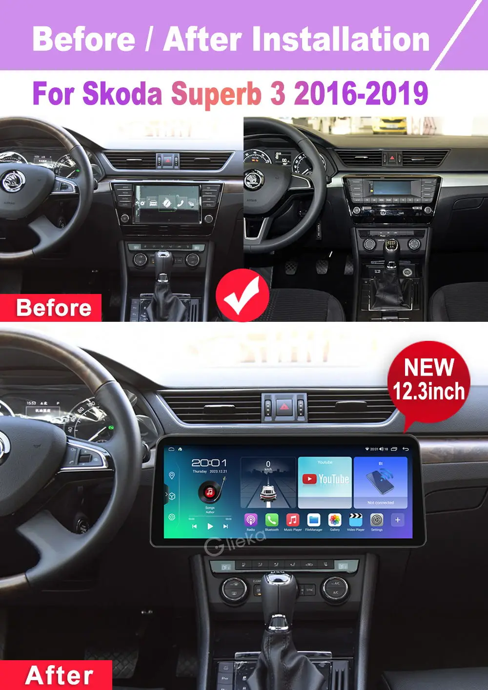 12.3 inch 2K Screen Carplay Android For Skoda Superb 3 2016-2019 Car Radio Stereo Multimedia Player GPS WiFi BT  Head Unit