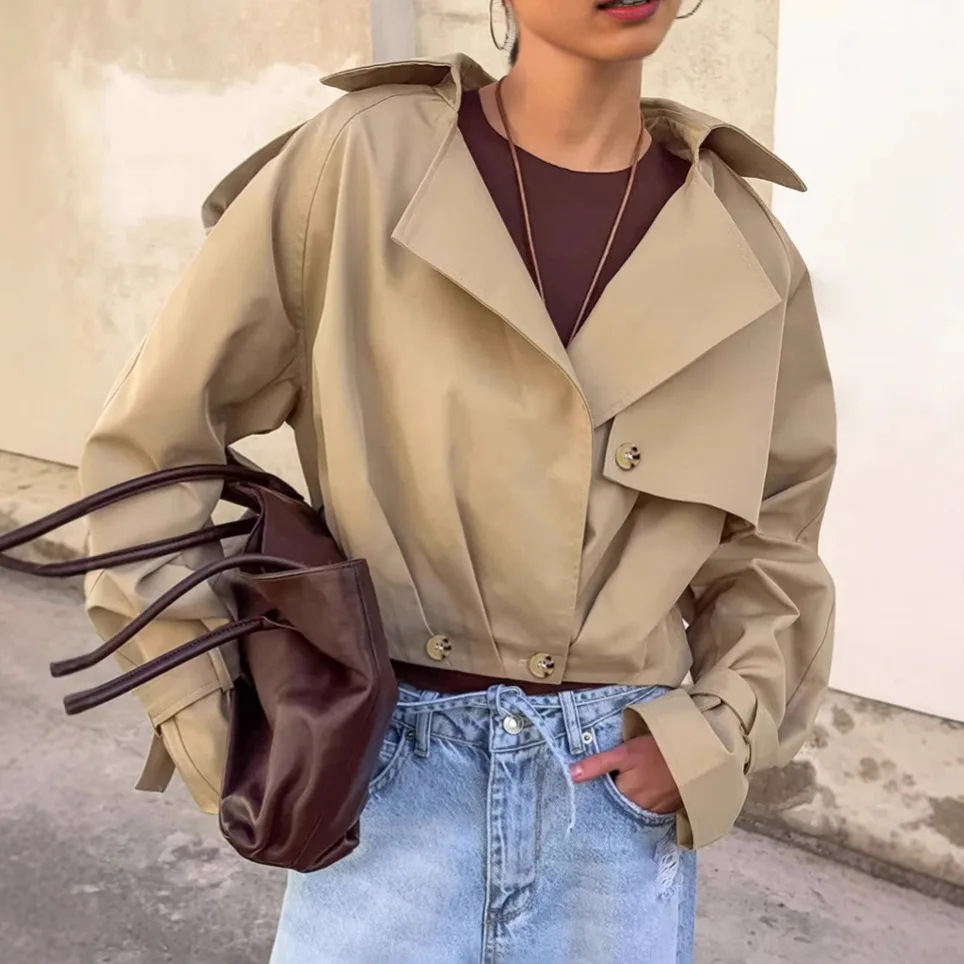 

Khaki Auutmn Women's Trench Coat Lapel Collar Double Breasted Long Sleeve Female's Jacket High Street Spliced Outwear For Lady