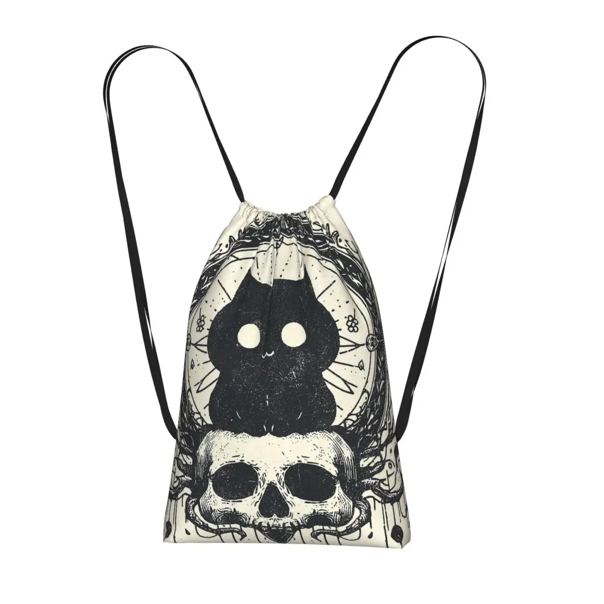 

Gothic Black Cat Stand On Skull Backpacks Portable Drawstring Bags Sports Bag Book Bags for Man Woman Students