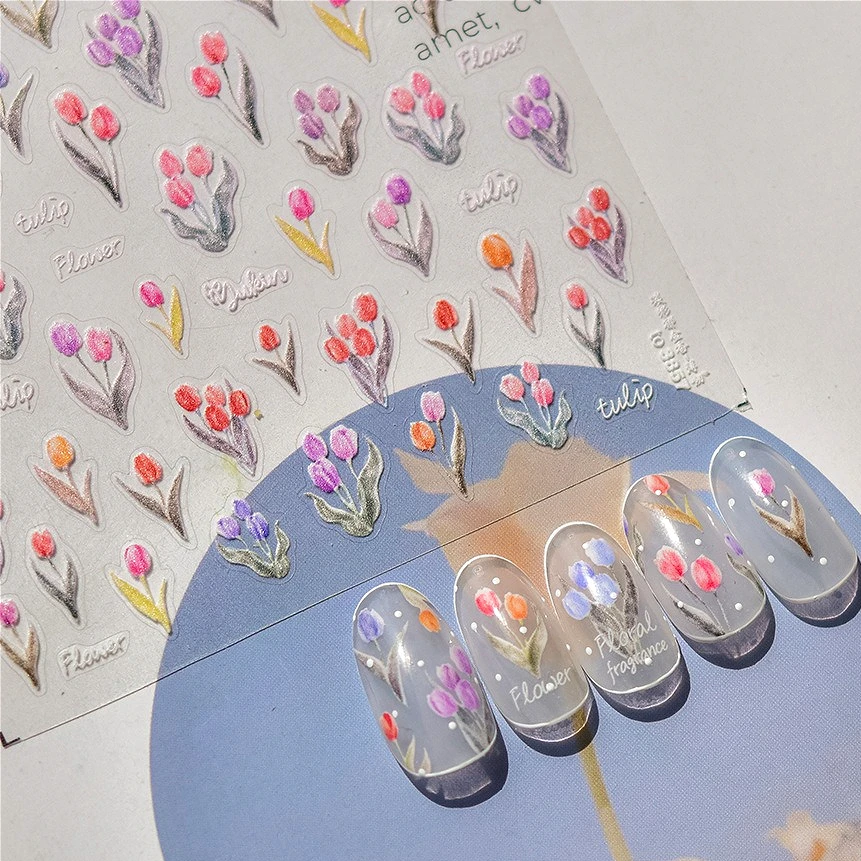 

Colourful Tulip Pretty Garden Delicate Petal Flower Bouquet Blooming Floral Fragrance Adhesive Nail Art Stickers Manicure Decals