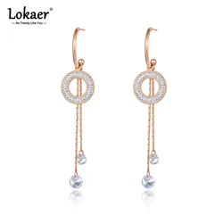 Lokaer Original Design Stainless Steel Sparkling Circle Tassel Earrings Trendy CZ Crystal Dangle Earrings For Women Girls E21006