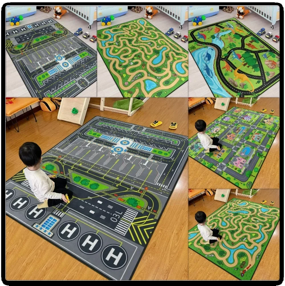 3D Airport Runway Design Play Mat for Kids with City Maze Pattern Educational Floor Carpet for Childrens Playroom Bedroom Decor
