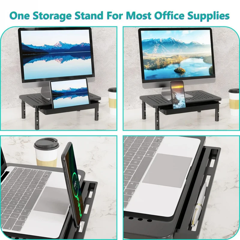 

Hollow Out Laptop Stand Holder with Storage Drawer Cooling Bracket Ergonomic 3 Height Adjustable Desktop Pc Monitor Stand Riser