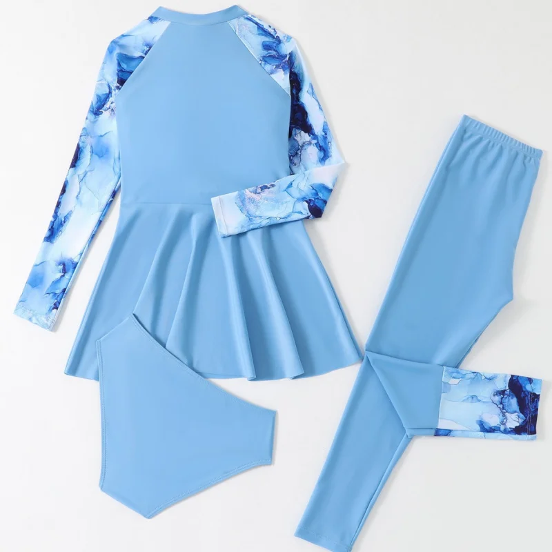 

New Conservative Children's Swimsuit Girls Two-Piece Long Sleeve Long Pants Three-Piece Set for Older Children