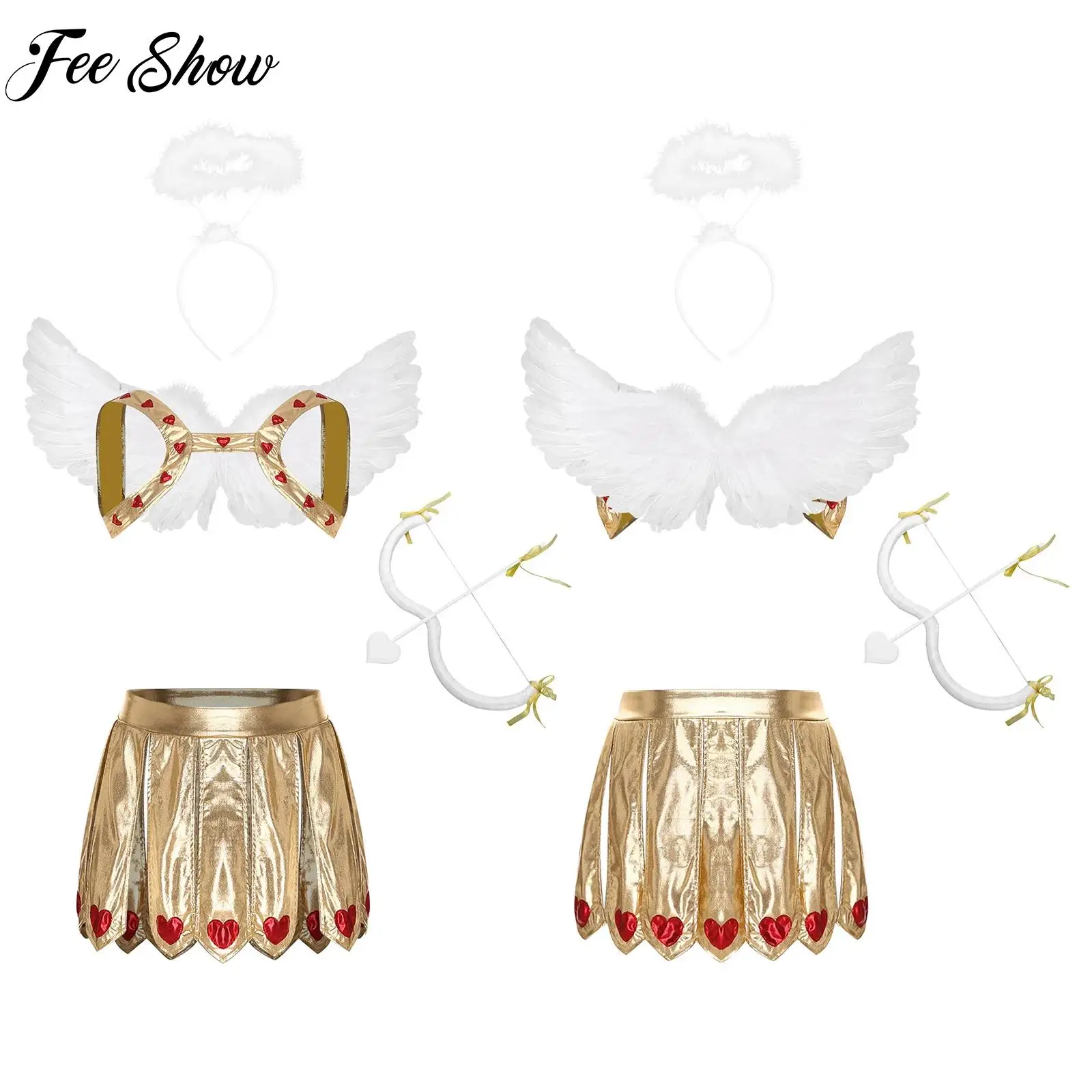 

Mens Valentine Cupid Costume Party Carnival Cosplay Outfit Metallic Shiny Heart Print Chest Harness+Slit Skirt+Accessories Set