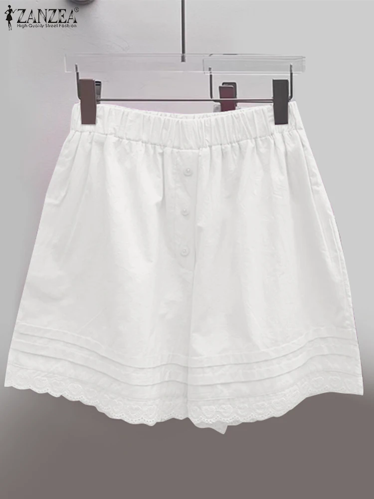 ZANZEA Vintage Summer Pants Casual Loose Lace Crochet Trousers Stylish Solid Shorts Fashion Women Elastic Waist Beach Pantalon