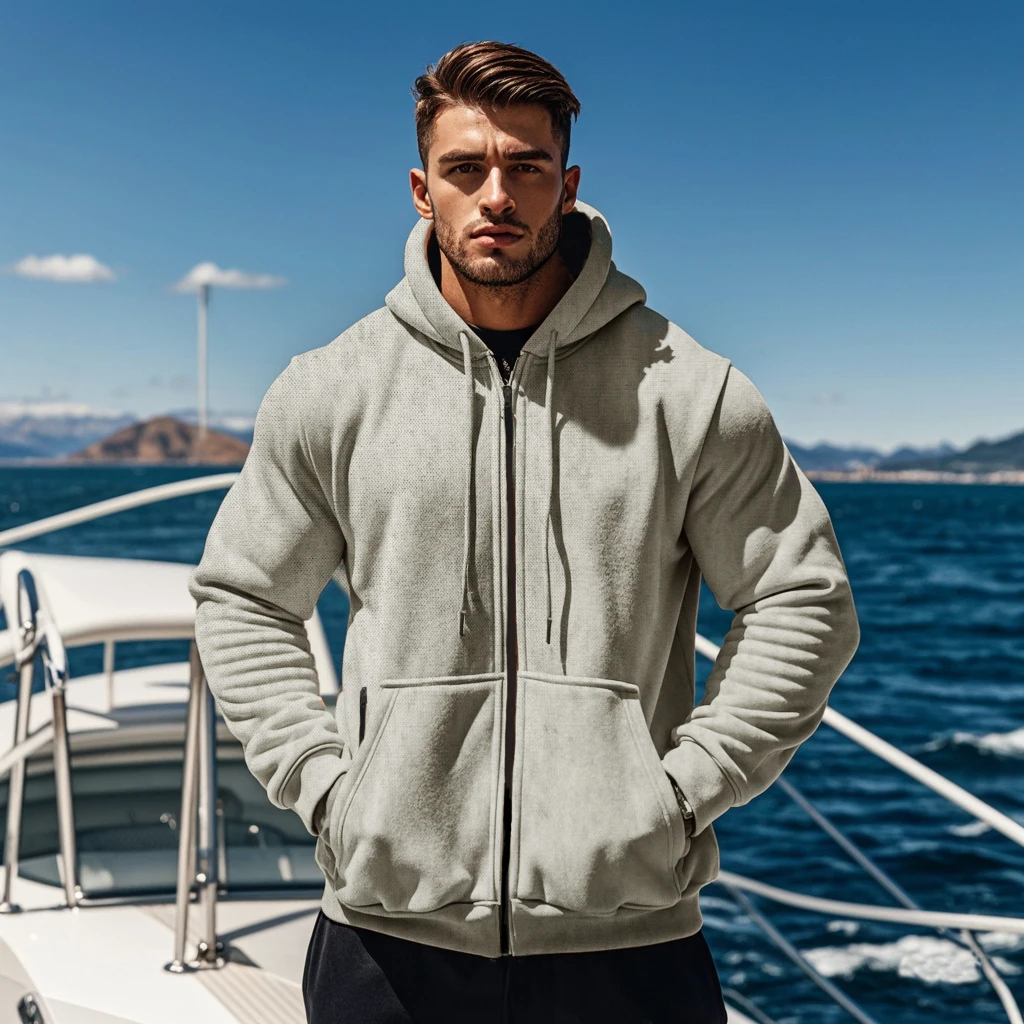 Men's solid color hooded zipper with fleece and padded comfort sweatshirt is suitable for outdoor sports in autumn and winter