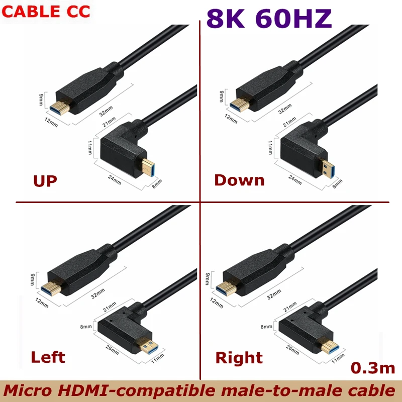 

Angled Micro HDMI Compatible Male to Male 8K/4K 60Hz/120Hz for HDTV, DC, Camcorder, Game Player OD4.0mm Ultra Thin HD Cable