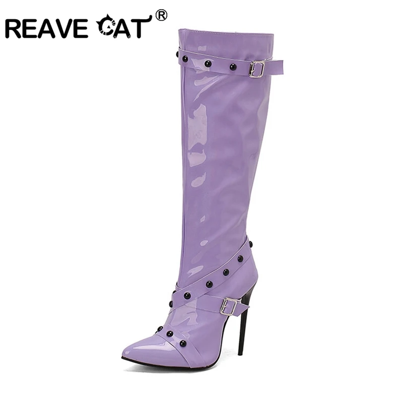 REAVE CAT Sexy Stiletto 12cm High Heel Over Knee Boots Rivets Leather Zip Party Big Size 45 46 47 48 US16 US17 Red Green Purple