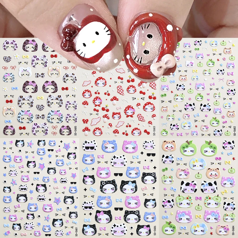 1Pc 5D Autumn Winter Hello Kitty Nail Stickers Kawaii Strawberry Cherry KT Head Scarf Cap Bow Adhesive Decals Manicure Sliders