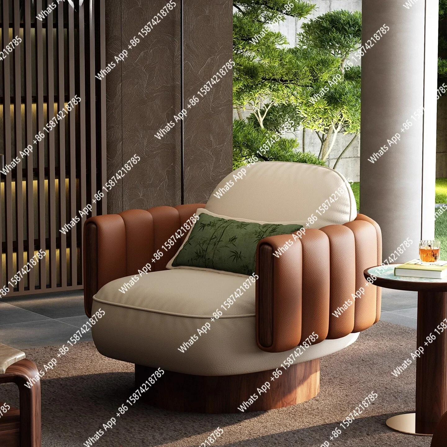 XX YX Leather Solid Wood Leisure Chair New Balcony Living Room Retro Color Matching Single Leisure Lazy Chair