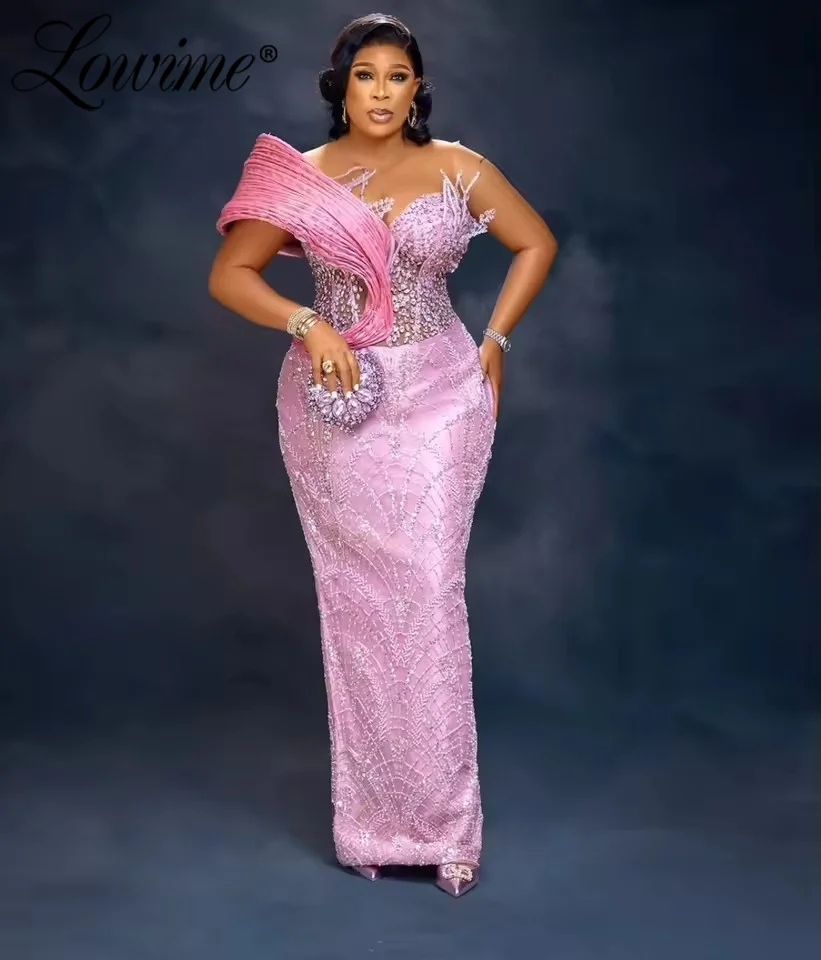 تخصيص Aso Ebi الوردي غمد فساتين لحضور الحفلات الموسيقية مطرز بلورات مساء حفلة رسمية فساتين عيد ميلاد ثانية رداء كتف واحد #4