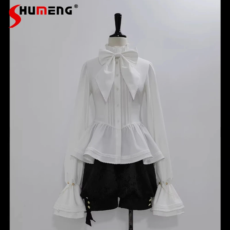 

Original Vintage Elegant Court-style Long-sleeve Shirt for Women Slim-fit Stand-up Collar Bell-sleeve Blouse Lolita Shirts Tops