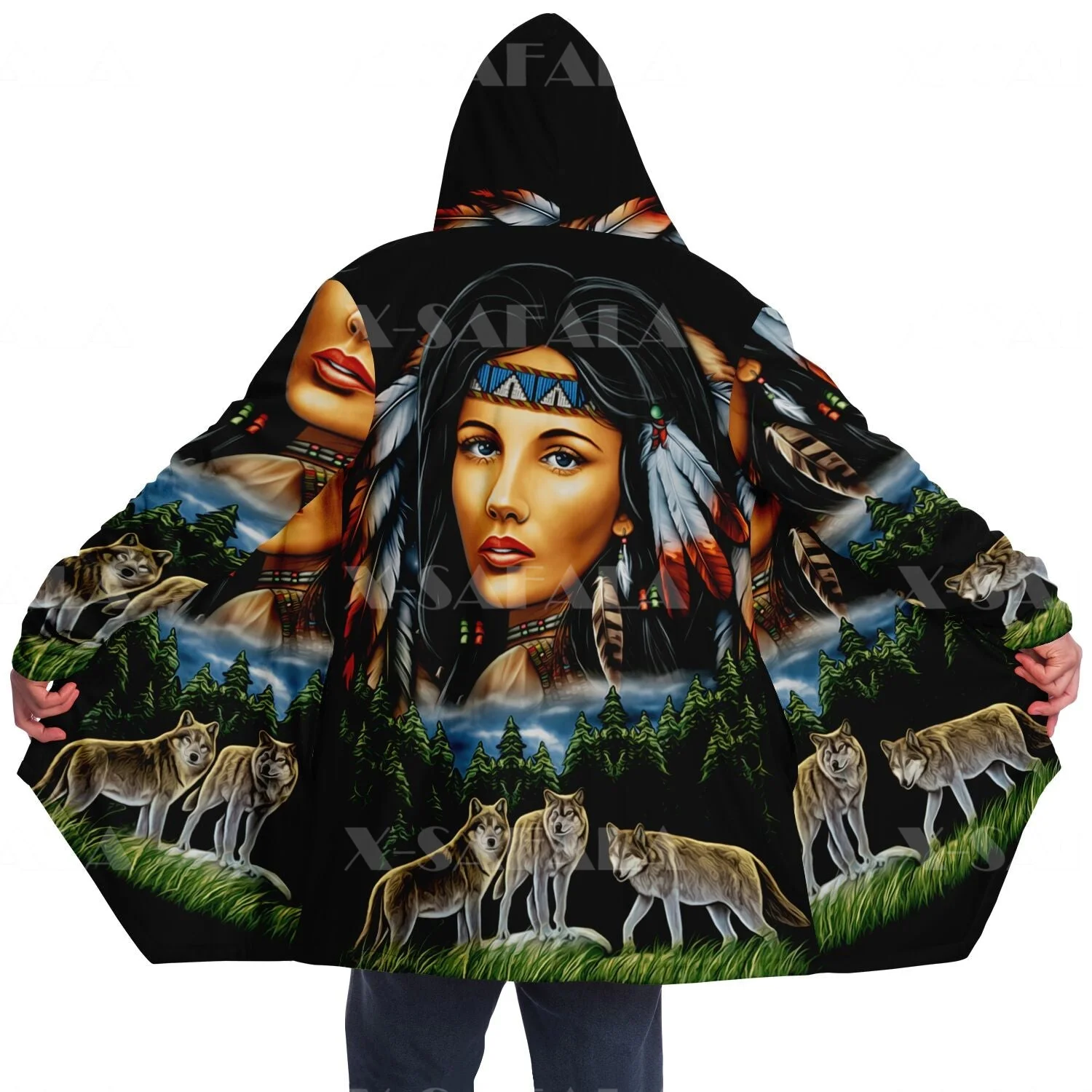 Native Feather Totem Aboriginal Overcoat Coat 3D Printed Thick Warm Hooded Cloak for Men Windproof Fleece Unisex Casual-39