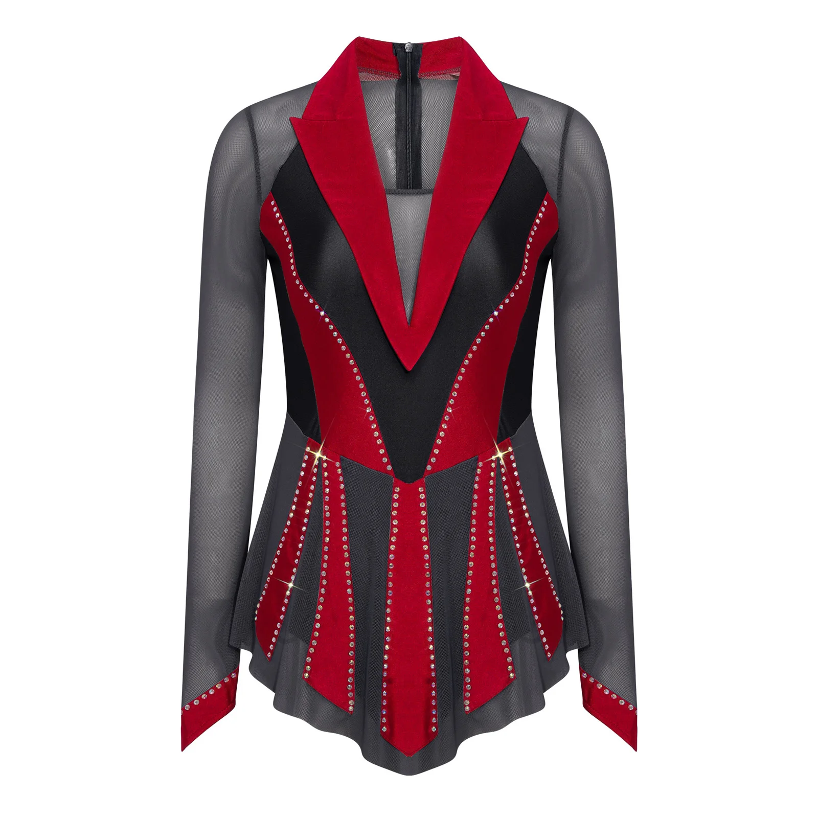 

Womens Figure Skating Dance Outfit Glittery Rhinestone Tango Latin Dance Dress Sheer Mesh Ballet Lyrical Leotard Dress Dancewear