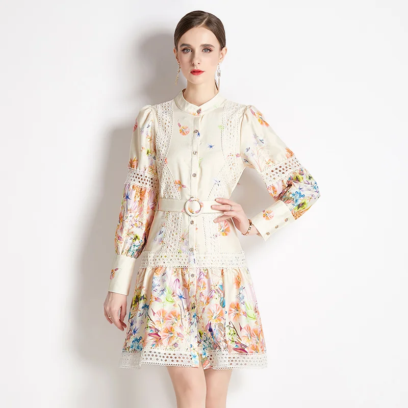 تنورة خريف 2024 ذات ياقة ثابتة تنورة طويلة Sve مطبوعة بالزهور على شكل حرف a مع حزام شارع Sle ميدي Dr للنساء