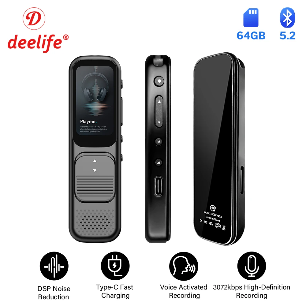 

Deelife Bluetooth Voice Recorder Voice-Activated 3072KBPS HD Recording 64G Noise Reduction Dictaphone Support MP3 Player ﻿