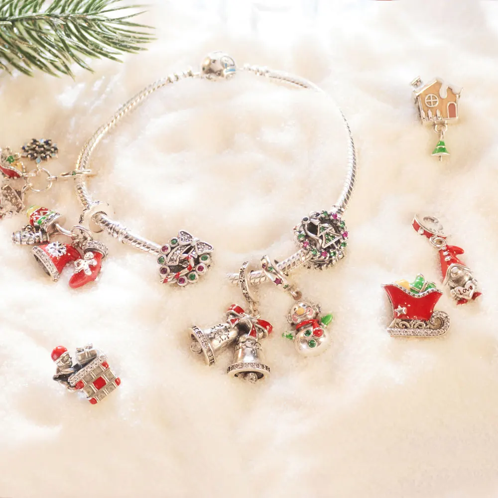 

925 Sterling Silver Christmas Charm Christmas Gift Hat Safety Chain Original Bracelet DIY Jewelry Pendant Decoration Women Party