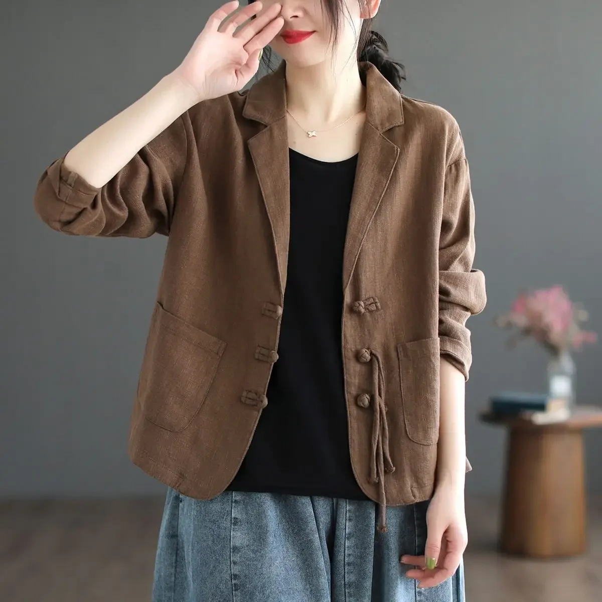 

Vintage Cotton Blazer Women Clothing Single-breasted High-end Jacket Long Sleeves Design Office Ladies Suits Pockets Solid Color