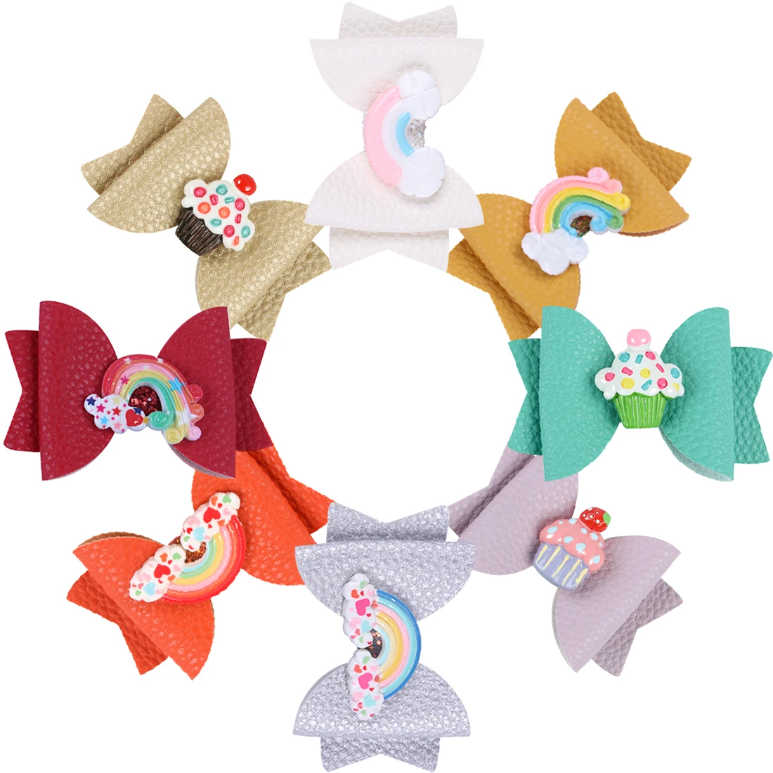 1PC PU Leather Hair Bows with Clips 3inch Bows Rainbow Hair Clips Girls Barrettes Children Kids Hairpins Party Hair Accessories