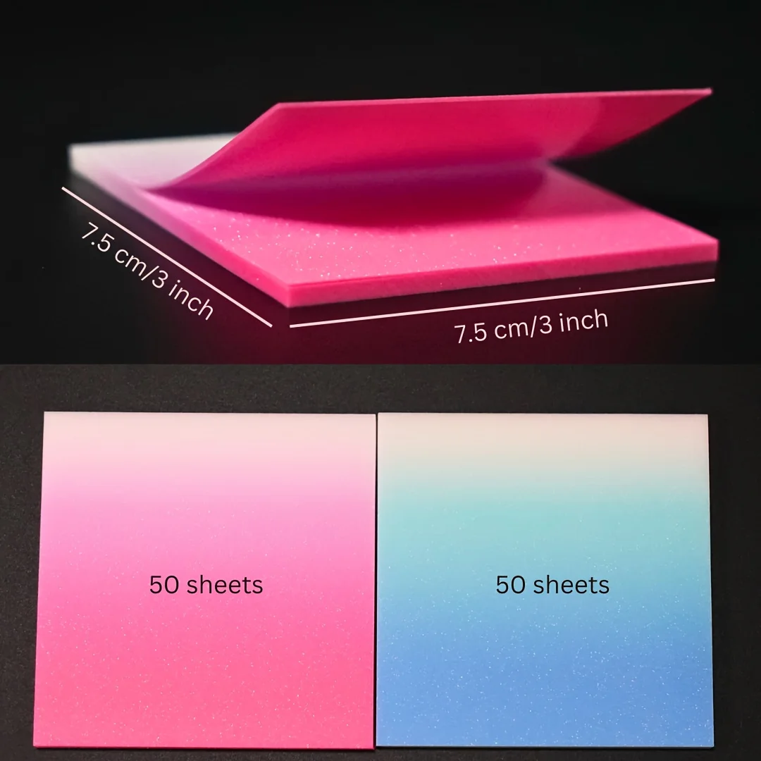 100 Stück rosa + blau verlaufende, glitzernde, halbtransparente Haftnotizen, glitzernd, wasserfest, selbstklebend, rückstandsfrei, durchsichtig – Detail 5