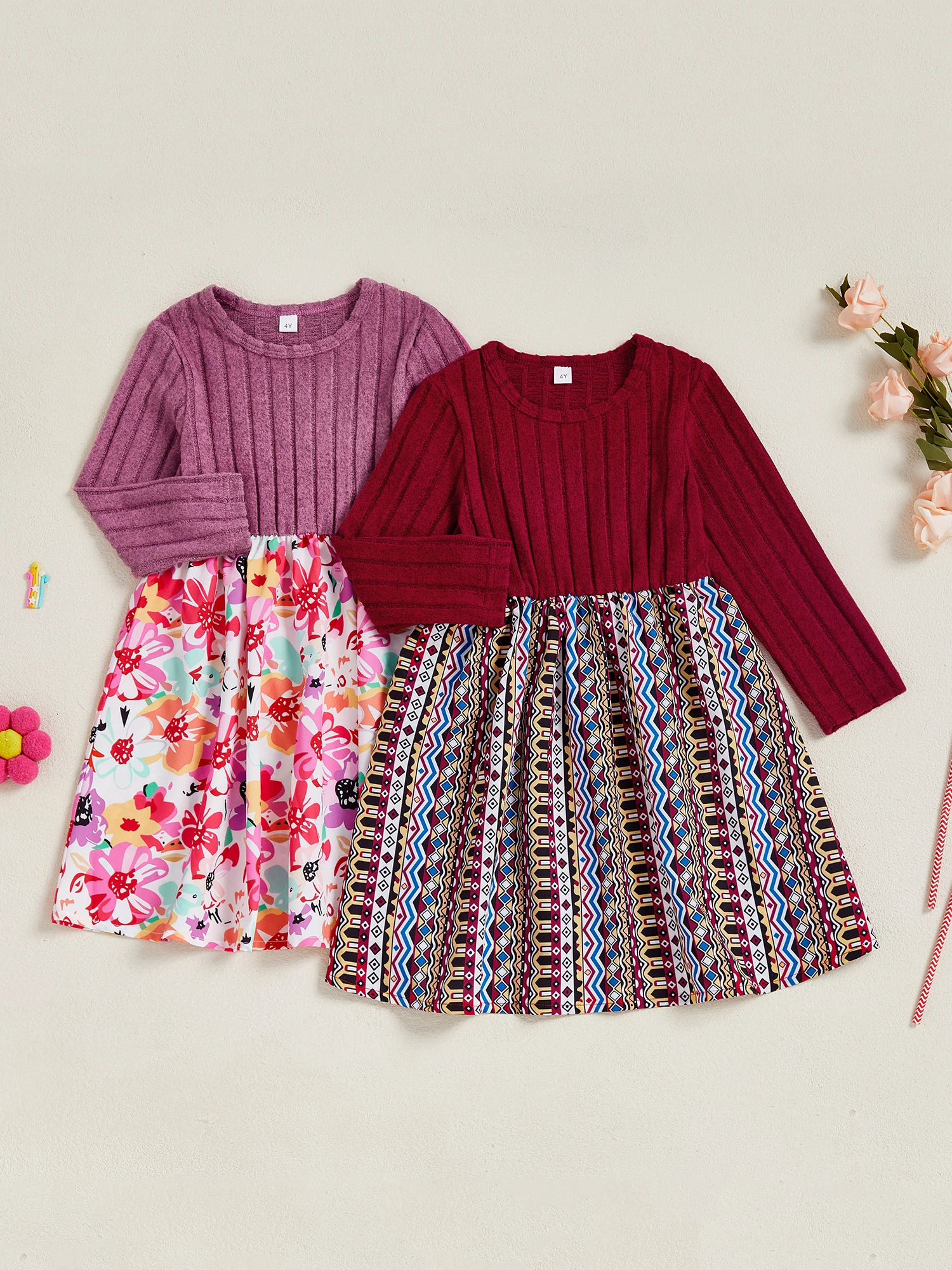 

Girls Autumn A-Line Dress with Floral Print and Long Sleeves Casual Patchwork Design for Toddler Baby - Adorable and Stylish