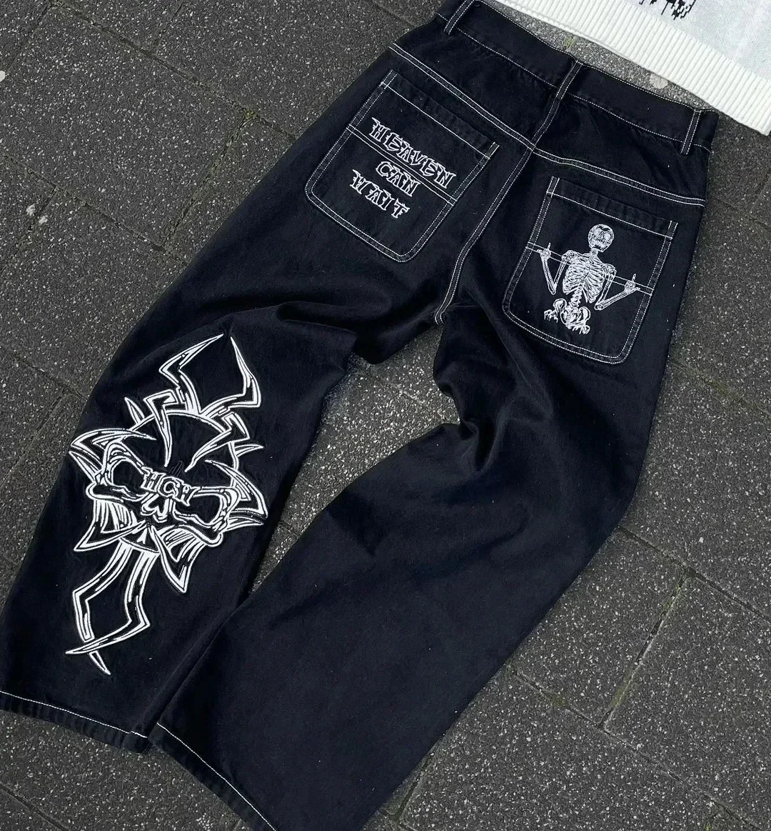 Jeans bordir huruf untuk pria dan wanita 2023 Denim jalanan longgar Retro celana kasual lurus kaki lebar Gotik Y2K