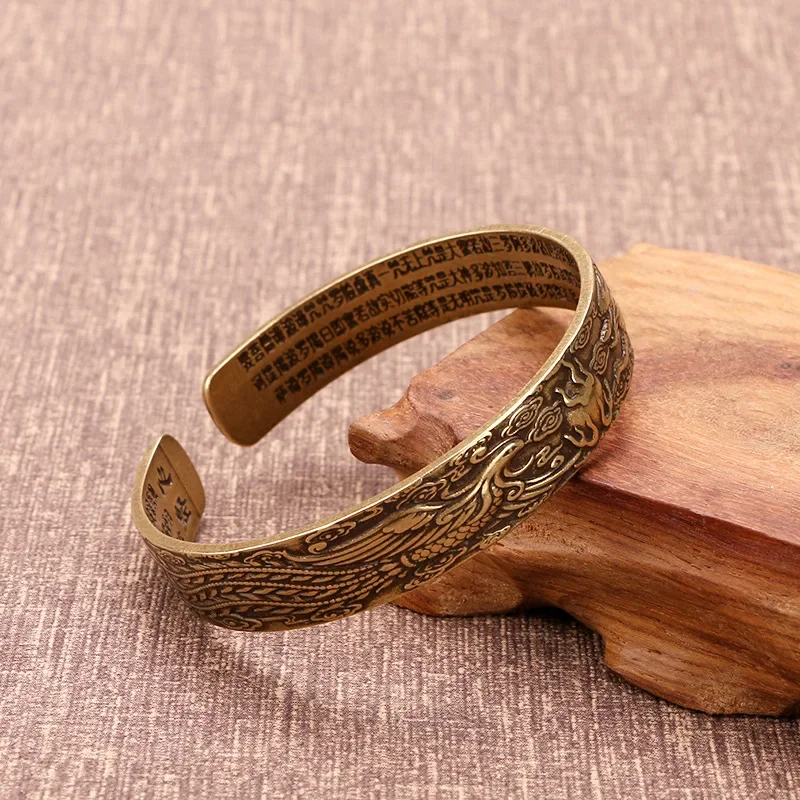 Vintage Brass Heart Sutra Bracelet with Opening, Handcarved Dragon and Phoenix Playing Pearl Bracelet, Couple Style Jewelry