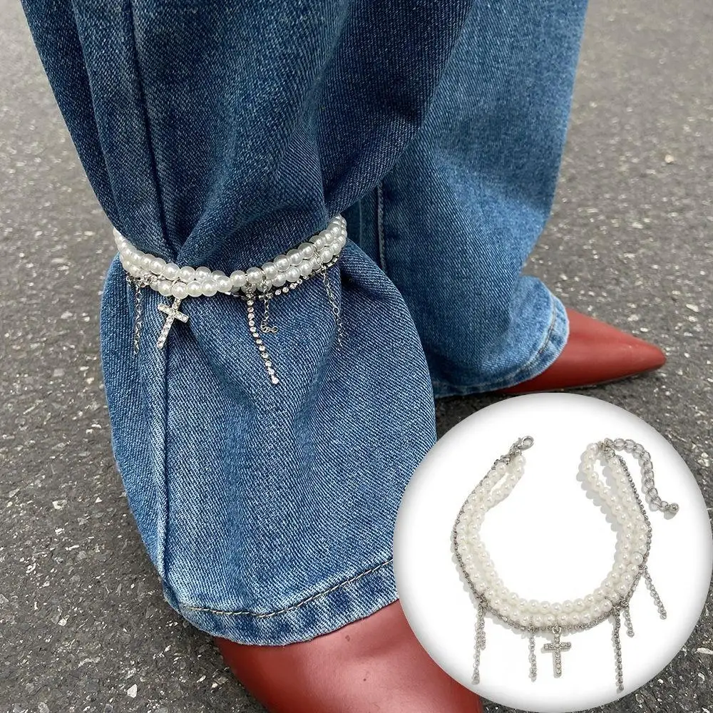 

Брошь с жемчужным бантом и кисточкой, съемные брючные ножки, декоративные женские богемные браслеты с подвеской в виде креста со стразами, летние украшения для ног