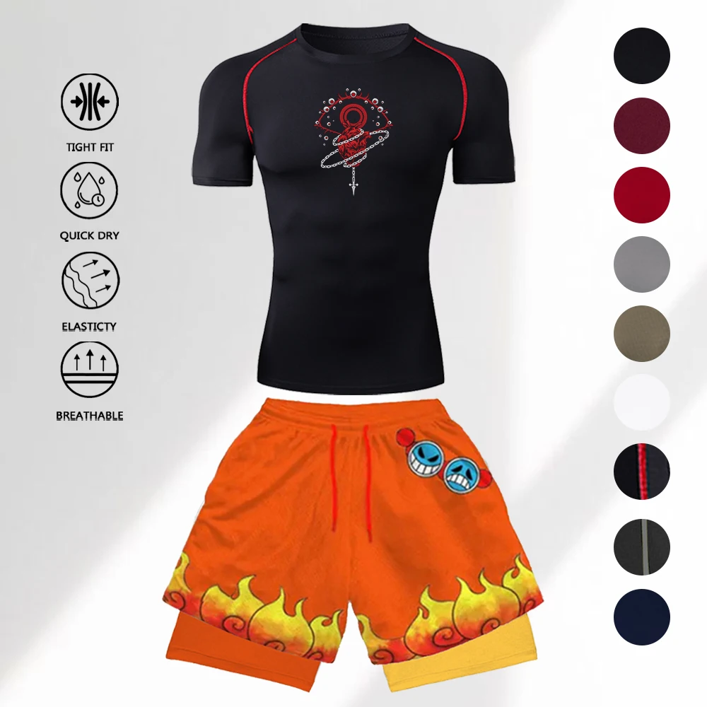 

2Pcs Men Quick Dry Workout Compression Training Set Fitness Tight Tee + 3D Flame Graphic Double Layer Shorts Chain & Heart Print