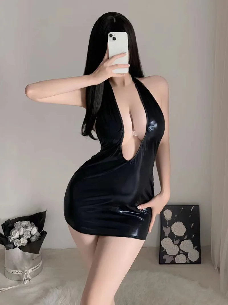 

Black Bright PU Mini Dress Fashion Sweet 2023 New Lingerie Sexy V Neck Hollow Back Dress Elegant Backless Korean Women M8HY