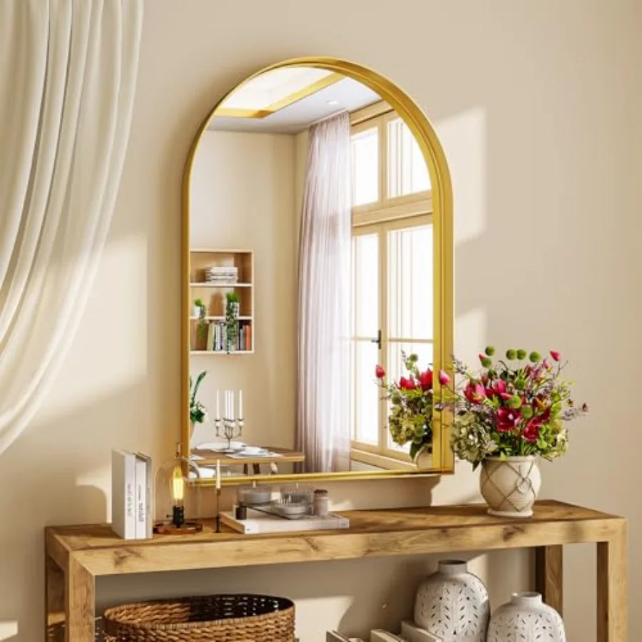 

26 x 38 Arched Bathroom Mirror for Living Room, Dresser, Entrance, Hallway Shatterproof Tempered Glass, Metal Deep Frame, Gold