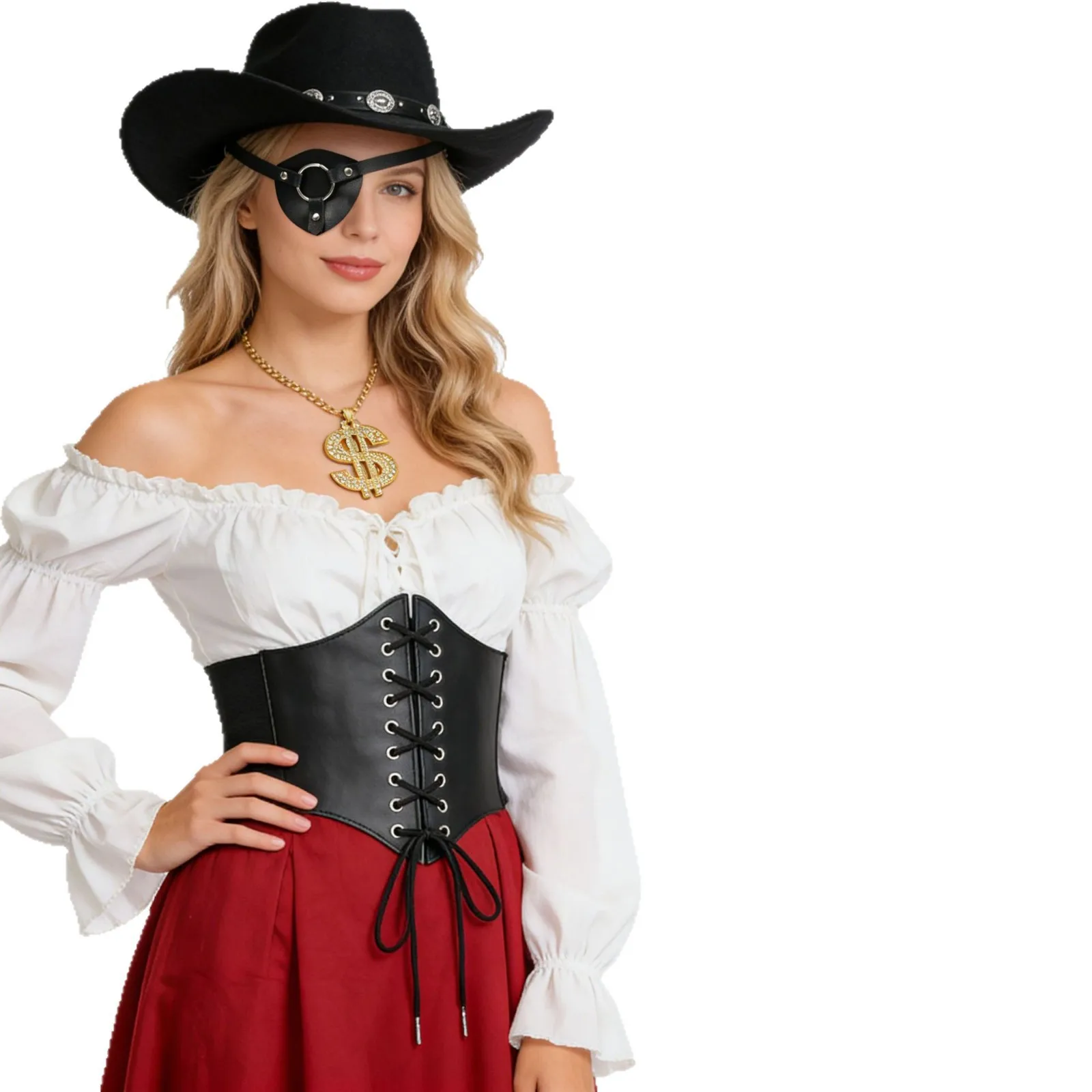 Vestido de Encaje Estilo Pirata del Caribe Renacentista para Mujer, Falda Amplia con Panel de Encaje, Dobladillo Asimétrico en Punta, Disfraz de Cosplay para Halloween