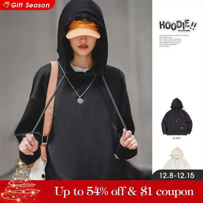 Maden Air Layer Fabric Hooded Sweatshirt for Women Loose-fit Solid Color Sweater Autumn Outerwear Black Hoodies Versatile Tops