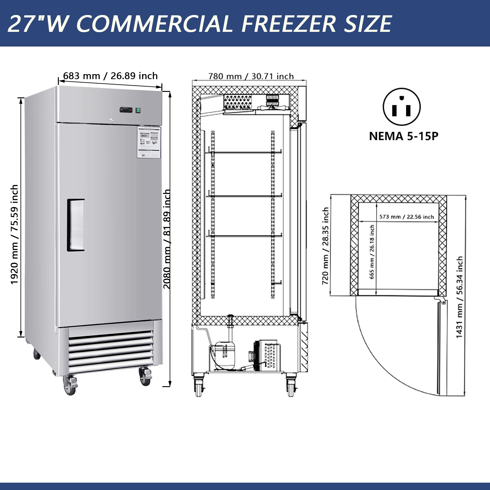 Congélateur à portée commerciale en acier inoxydable, 27 po W, 18.68 pi cu, porte unique Étagères réglables à dégivrage automatique, refroidissement par ventilateur,-8 ℉ ~-4 ℉