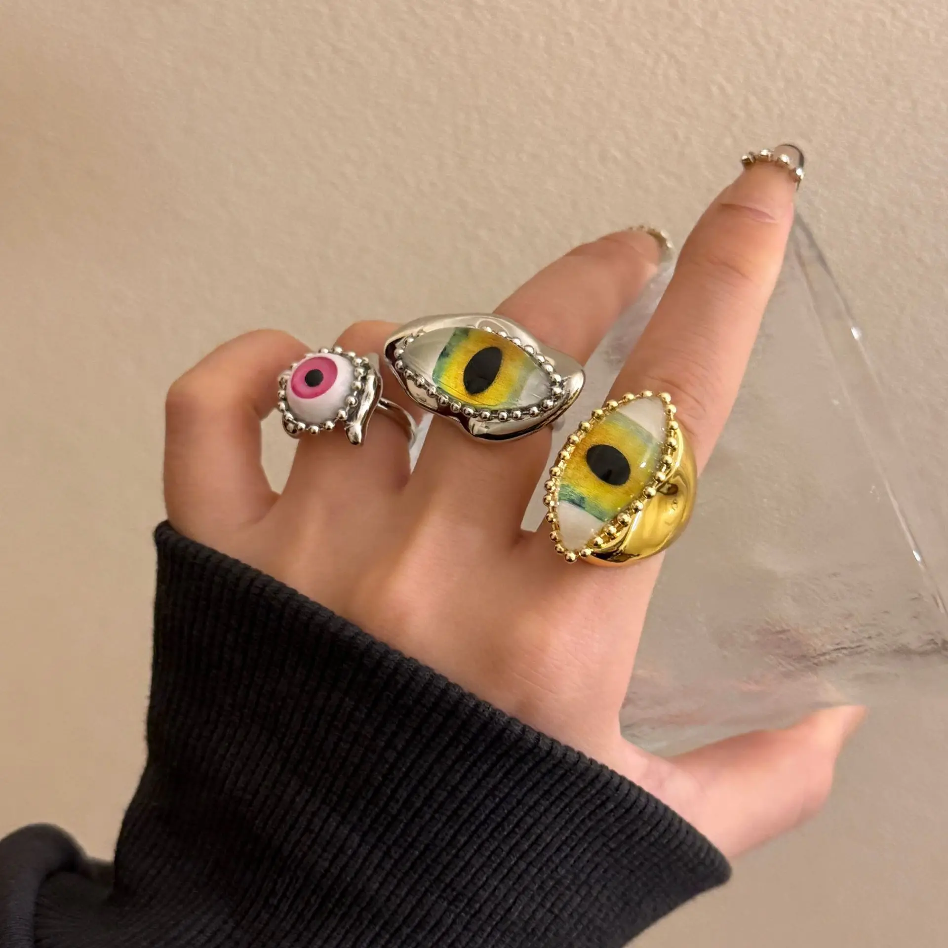 Vintage Colorful Evil Eye Rings for Women Europe And America Personality Exaggerated Hip-hop Finger Jewelry Party Accessories