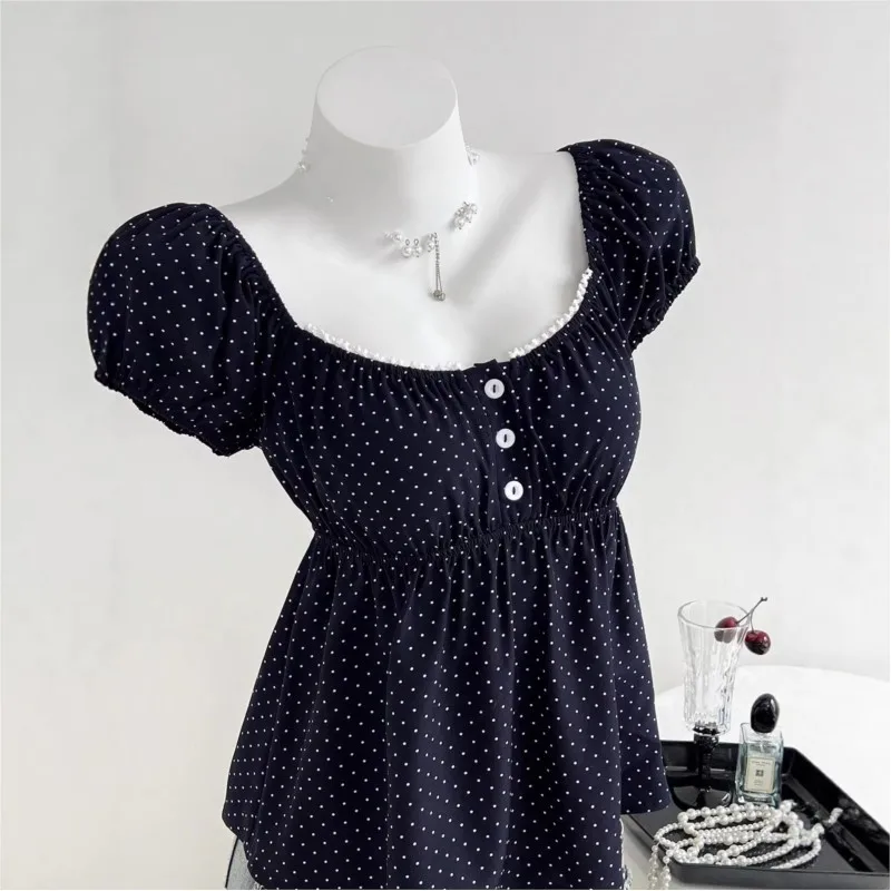 

Fashion Sweet Polka Dot Print Shirt Top Summer Big Round Neck With Button Short Sleeve Blouse Women Casual Office Slim Tops