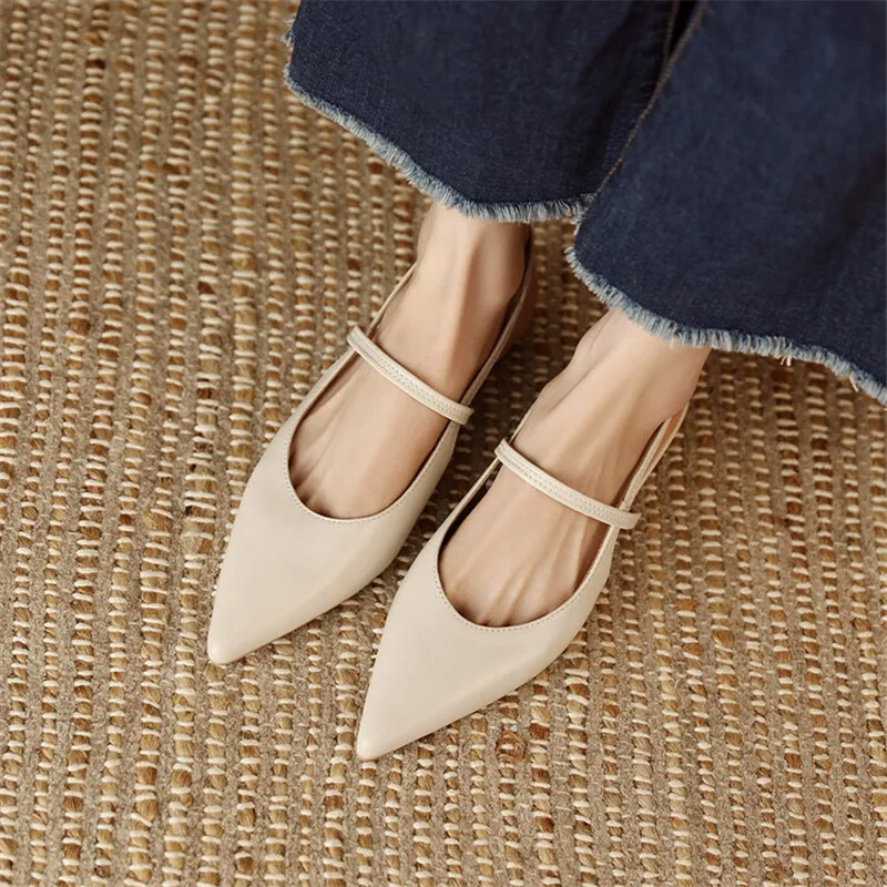 Summer Sandals Sheep Leather Women Shoes Pointed Toe Low Heel Women Pumps Genuine Leather Cover Toe Sandals for Women Handmade