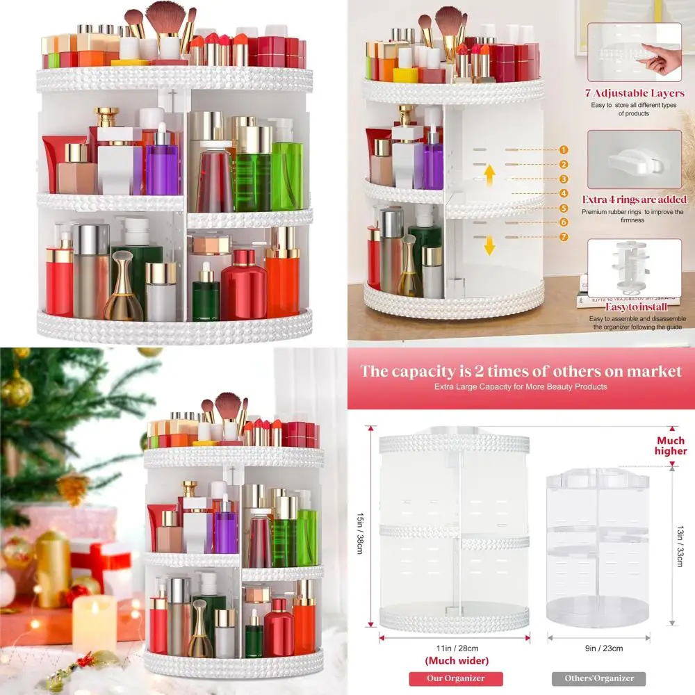 

360° Swivel Large Makeup Organizer, 7-Tier Adjustable Cosmetic Storage, Plus Size, White