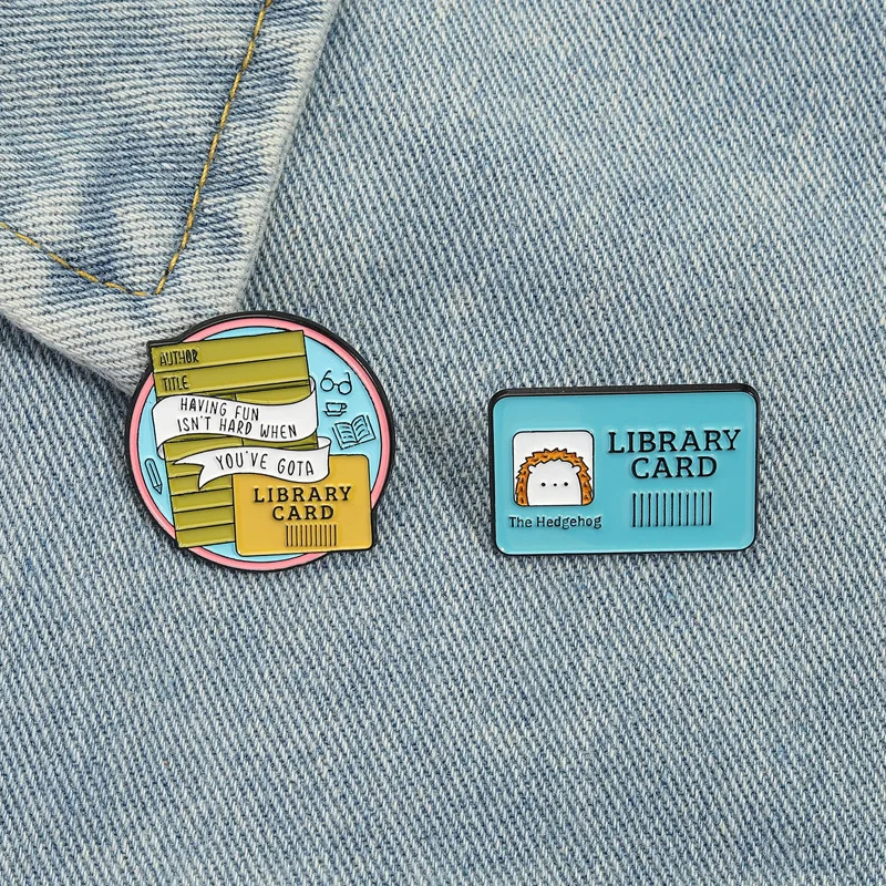 2Pcs Library Card Hedgehog Enamel Pins Set Book Stack Quote Cute Hedgehog Library Card Brooches Lapel Badges Jewelry Gift