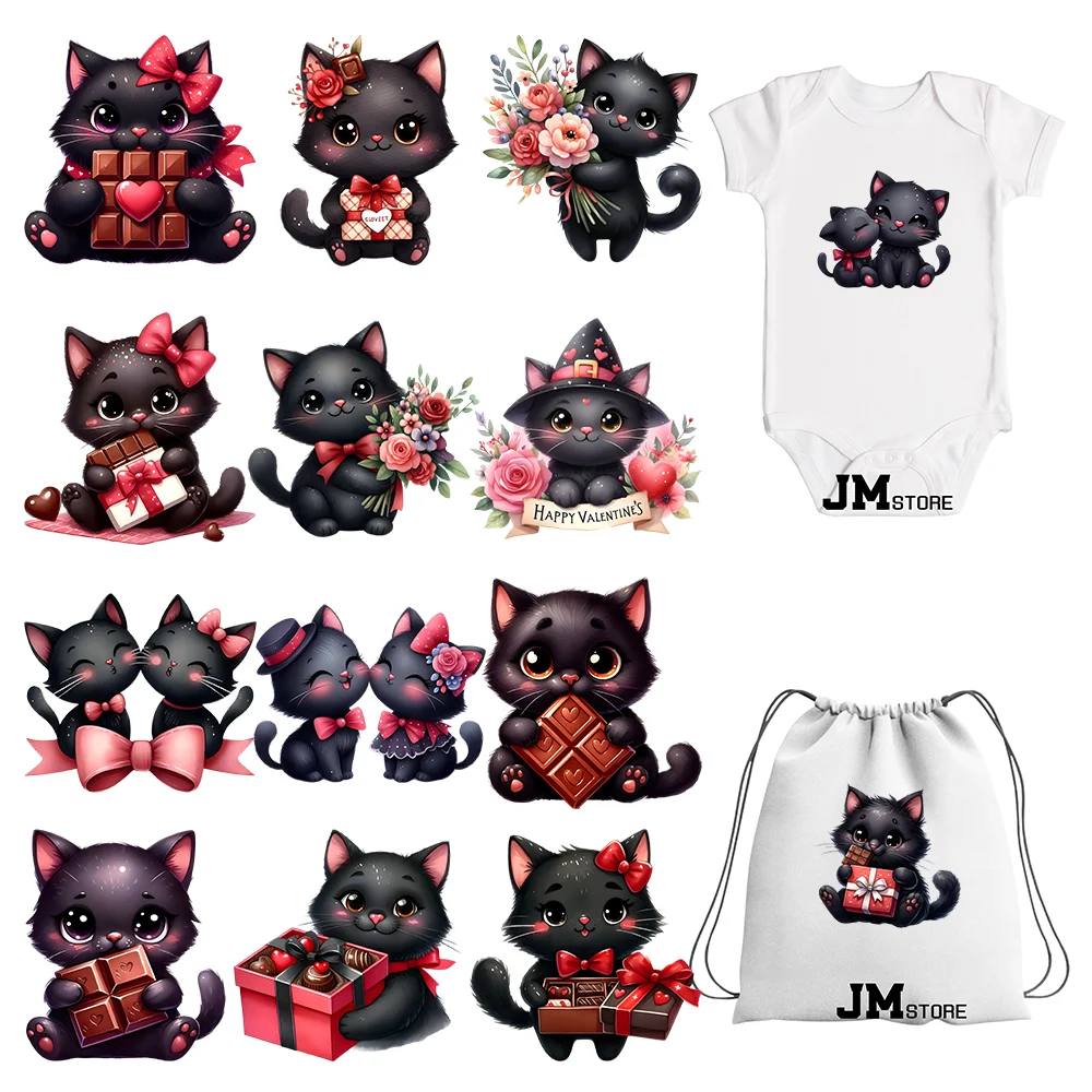 

15cm 5.9in Kids Cute Flower Heart Love Valentine Black Cat Iron On Heat Transfer Sticker For Clothes Print Vinyl Washable Decal